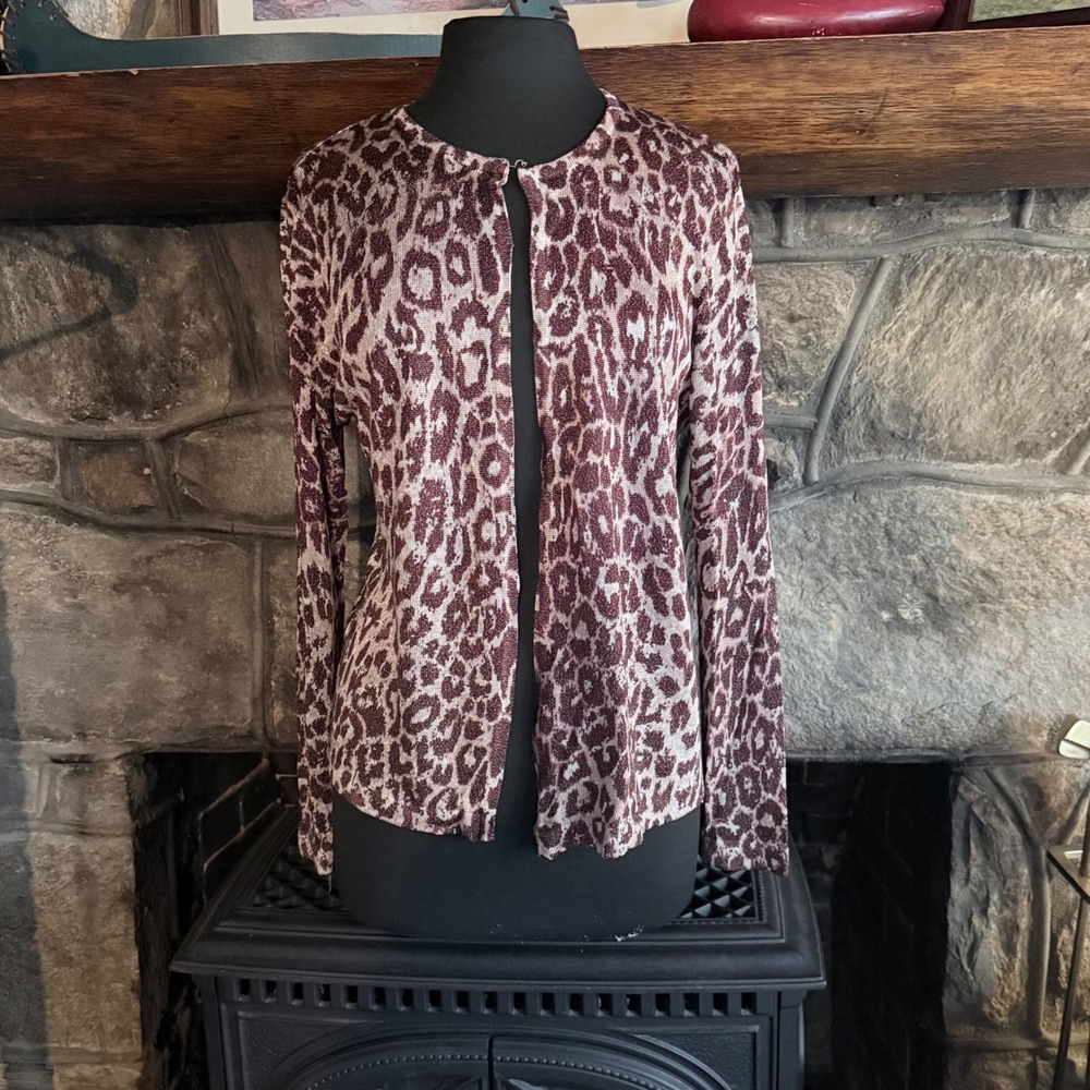 Dana Buchman Cardigan Womens Large Burgundy Leopard Print Metallic Excellent L